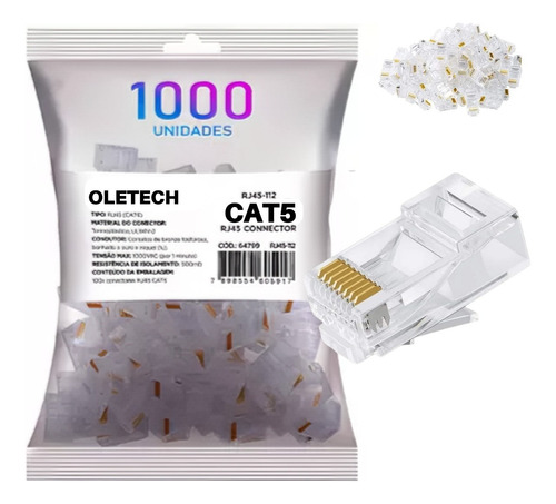 Conector Rj45 Cat5e Kit Pacote 1000 Oletech Cabo Rede Plug