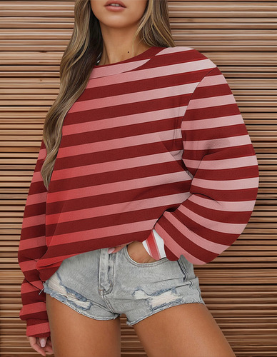 Top De Manga Larga Con Cuello Redondo Y Estampado De Rayas A