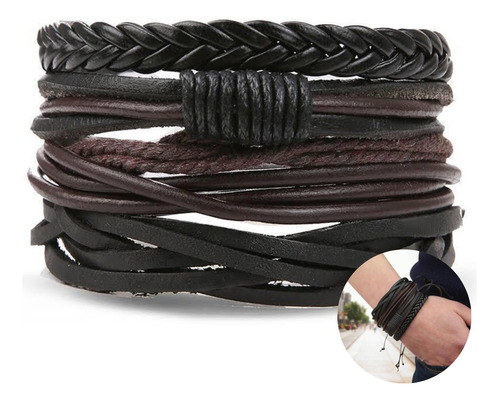 Pulsera Hombre Conjunto 4 En 1 Pulsera Cuero Genuino Soga