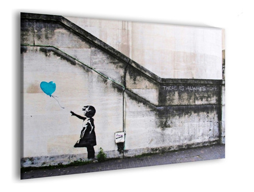 Cuadro Canvas Banksy Graffiti Street Art Niña Con Globo Azul Color Grises/azul Armazón Bastidor