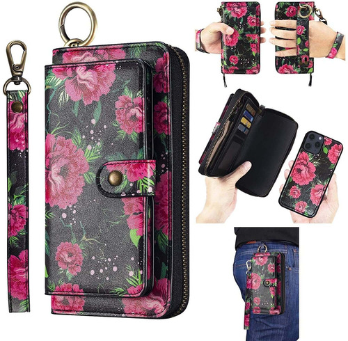 Funda Para iPhone 12 Pro Max, Flores/rosa/billetera/correa