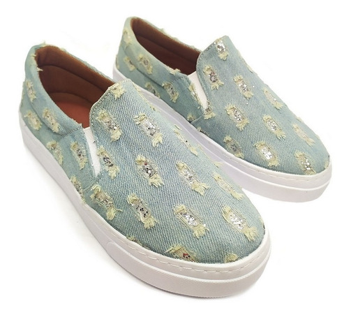 Imagem 6 de 7 de Slip On Tênis Feminino Casual Jeans Glitter Confortável