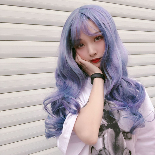 Peruca De Ondas Longas Com Franja De Ar Azul