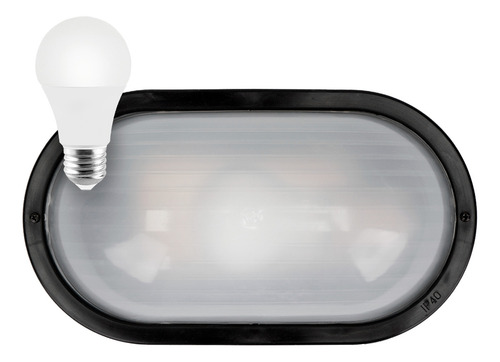 Tortuga Pvc Ovalada Esmerilada Negra Apta Exterior + Led 9w Estructura Negro - Luz Calida