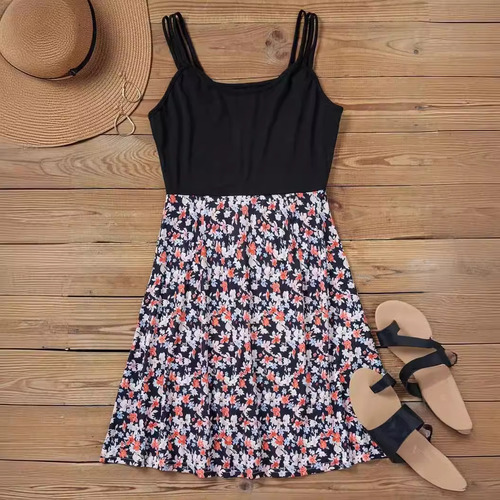 Vestido Estilo Tirantes Sin Mangas Con Falda Corta Floral