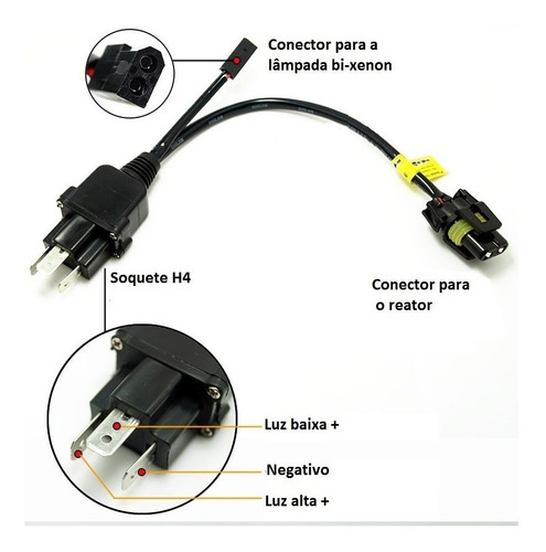 Cabo Projetor Retrofit 12v H4 Chicote Relé Bi Xenon H4-3