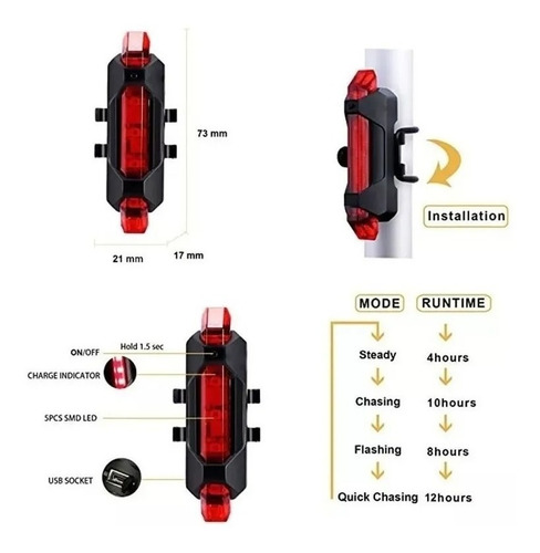 Luz Led Bicicleta Recargable Usb Colores Alta Potencia