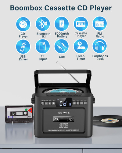 Leitor De Cd Boombox Gradio Recarregável Com Cassete Bluetoo