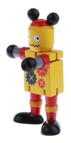 4 Walnut Wood Puppets Robot Action Toys Joints Yellow