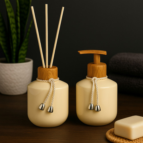 Kit Lavabo Banheiro Luxo Difusor Aromatizador De Ambiente Com Bandeja E Sabonete Líquido Cor Bege