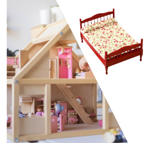 1:12 Casa De Bonecas Modelo De Cama De Casal, Cama Vermelho
