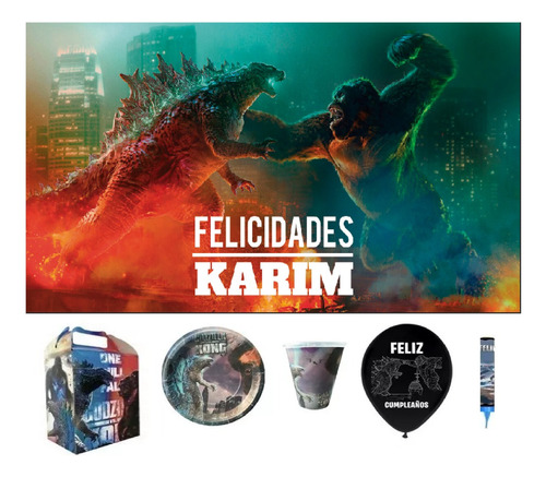 Godzilla Vs Kong Kit 30 Invitados Lona Dulceros Fiesta