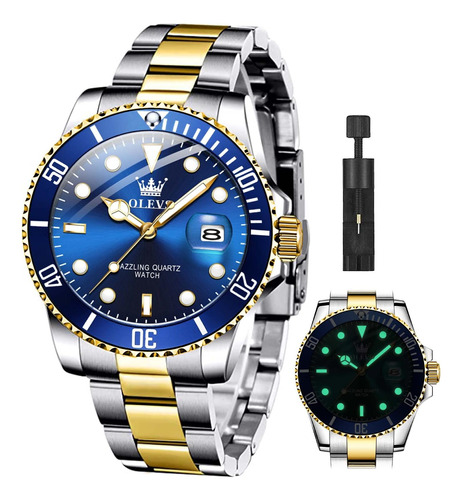 Olevs Reloj Hombres Banda Dorada Azul Impermeable Fecha Anal