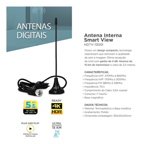 Antena Interna Elg Hdtv1300i Smart View, Compatível Com Sina
