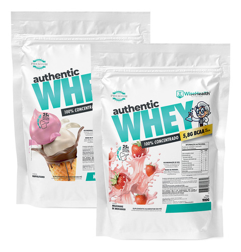 Kit 2 Authentic Whey 900g Napolitano + Morango - Wisehealth