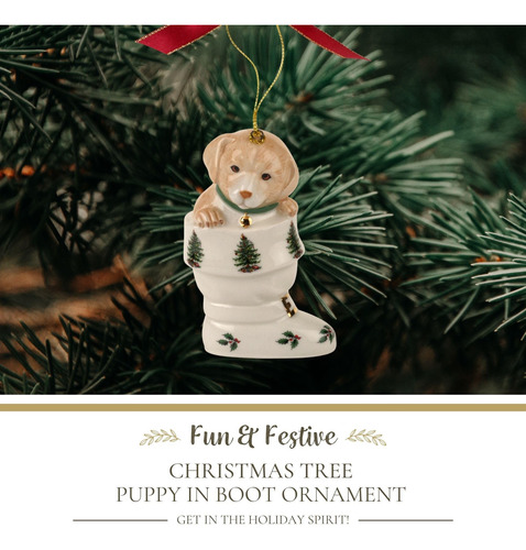 Spode Christmas Tree Puppy In Boot Ornament, Festive Holiday