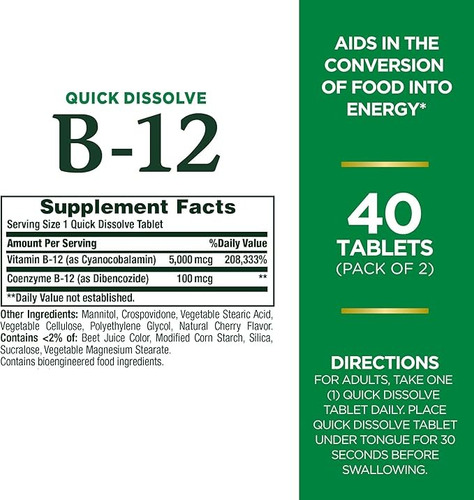 B12 5000mcg 40 Tabletes Dissolve Boca Natures Bounty B 12