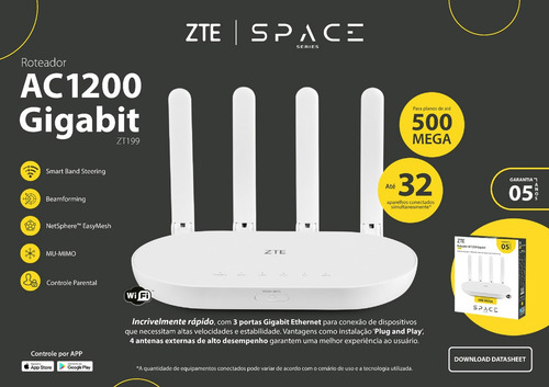 Imagem 2 de 7 de Roteador Zte Wifi Mesh Ac1200 Gigabit 4 Antenas Smart Band