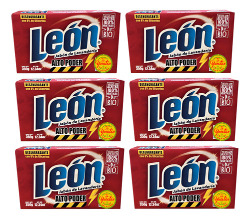 6 Pz De Jabón De Lavandería León Alto Poder De 350g C/u