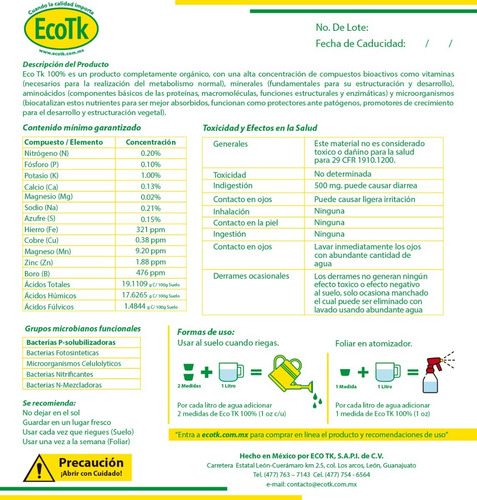 Fertilizante Eco Tk 100% Para Plantas, Jardín Y Huerto 1 Lt.
