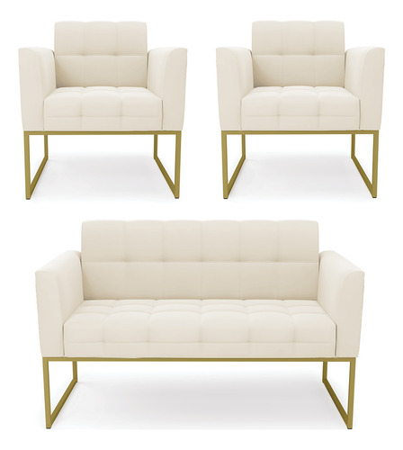 Kit 1 Sofá E 2 Poltronas Veludo Base Industrial Dourado Cor Bege