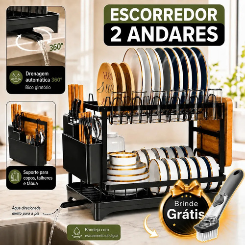 Escorredor De Louça dois andares para Prato Talheres Bancada Secador Organizador cozinha drenagem automatica 360° Laruno