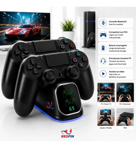 Kit 2 Controles Para Ps4 + Base Carregador Para 2 Controles Compatível Sem Fio - Tv Samsung Pc P4 Ps 4 Bluetooth Manete Gamer Tv Smart Celular Headset P2 Cor Preto Marca Redfin