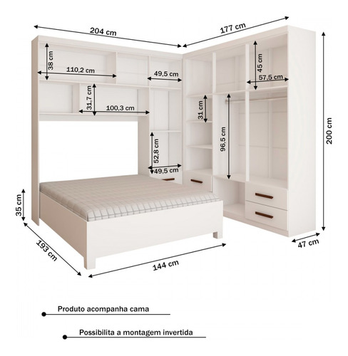 Guarda-roupa Casal Modulado Com Cama Paradise 10 Portas Cor Branco