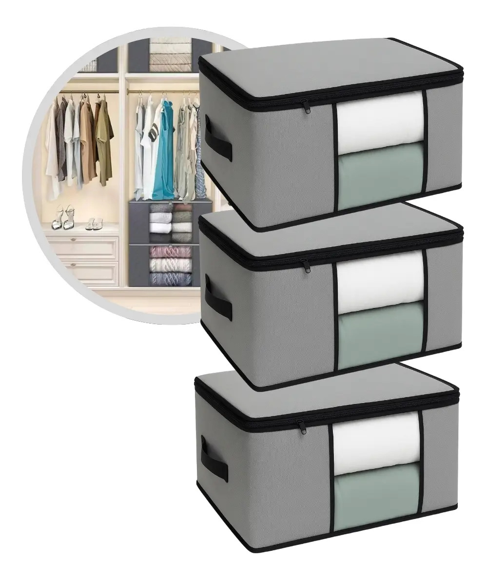 Kit 3 Organizadores Anti Mofo Edredom Toalhas Roupas De Cama Travesseiros Multiuso Tnt 45x45x20 Cinza