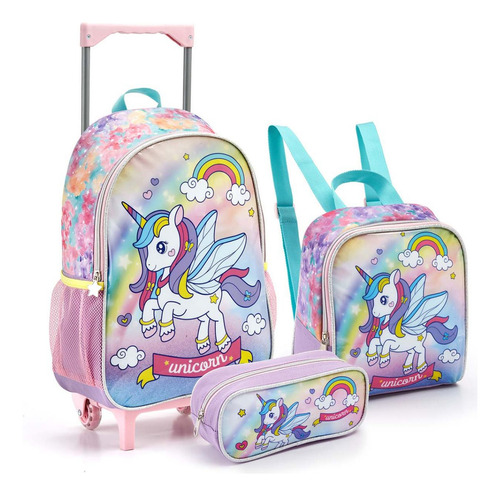 Mochila Rodinha Lancheira Estojo Infantil Unicornio