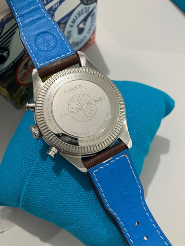Reloj Timex Pan Am Hombre Piel Plata Hebilla Simple Marrón Plateado Azul