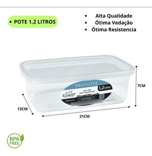 Kit 4 Potes Transparente 1,2 L E 3,0 L Presidio Retangular