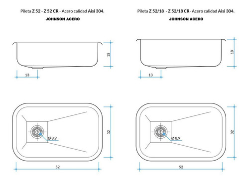 Bacha Cocina Simple Zz52/18 Johnson 52x32x18 Acero Inoxidable
