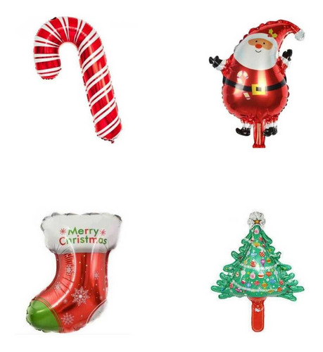 Set 4 Globos Metalizados Árbol Navidad+santa+bota+bastón 