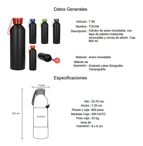 Imagen 6 de 10 de Cilindro De Acero Con Tapa Translucida Y Correa Cap 800 Ml