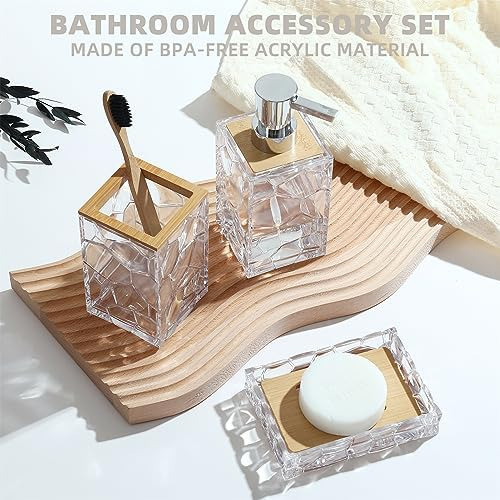 Gahefy Juego De Accesorios De Baño De Bambú Transparente Acr