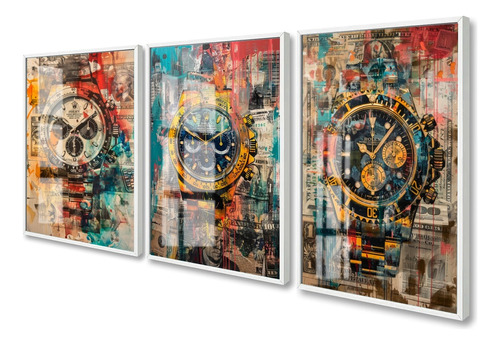 Kit Quadros Decorativos Relógio Moderno Colorido Com Vidro