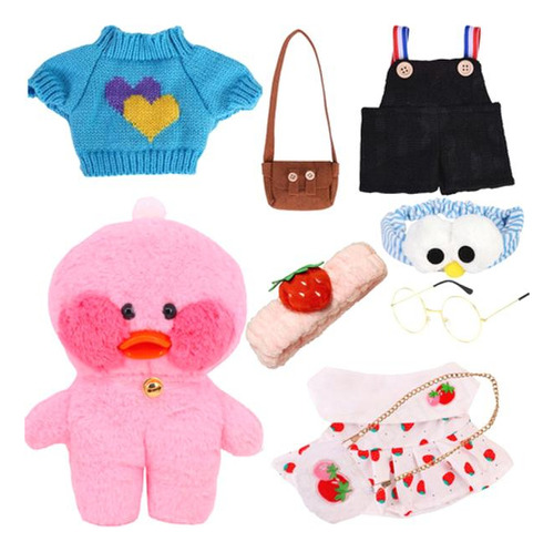 Peluche De Pato Lalafanfan, 9 Piezas, Ropa, Gafas Y Bolsa