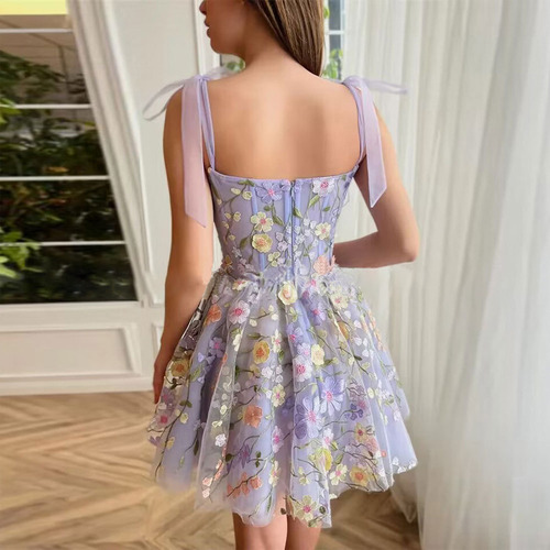 Vestido De Encaje Bordado Con Flores Tridimensionales
