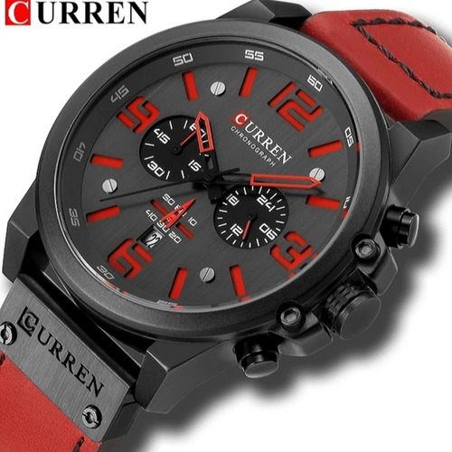 Relogio Masculino Curren Caixa 50mm Aço Inox Calendario Cronos Funcionais Couro Legitimo Vermelho Envio Imediato