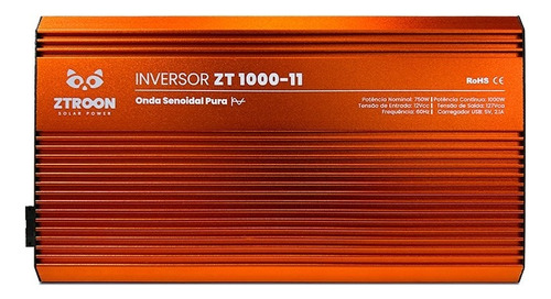 Inversor de corrente Ztroon ZT1000-11 com voltagem mínima de saída 127V e 12V de entrada