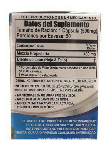 Diente De Leon Natural Vitality 50 Cap Envio Full