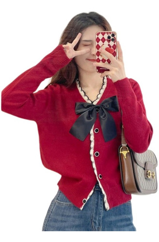 Chaqueta Bowknot Suéter De Manga Larga Cardigan Mujeres