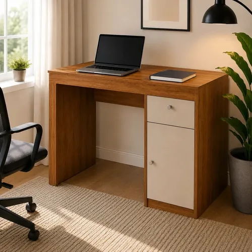 Mesa Escrivaninha Home Office Íris com 1 Porta e 1 Gaveta Branco com Nature