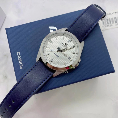 Reloj Casio Edifice EFV-140L-7av para hombre, color de correa azul oscuro, color de bisel plateado, color de fondo blanco