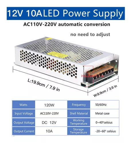 Fuente de alimentación conmutada regulada universal de 12 V 10 A CC (SMPS)  120 W CA 110 V / 220 V a CC 12 V 10 amperios para CCTV, radio, proyecto de