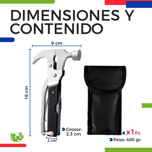 Martillo 18 en 1 Slim Company Herramienta Multiusos Navaja Alicates Destornillador Sierra Abrebotellas Para Camping Bricolaje Con Funda Transportadora Acero Inoxidable 16cm Color Negro