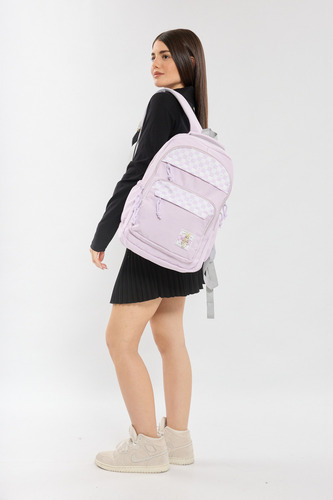 Mochila Colores Unisex Escolar Moda Viaje Lila Liso Con Cuadros Tipo Carrera
