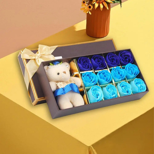 Caja De Para Novia O Mamá Con Oso Y Rosas Aromáticas Color Azul