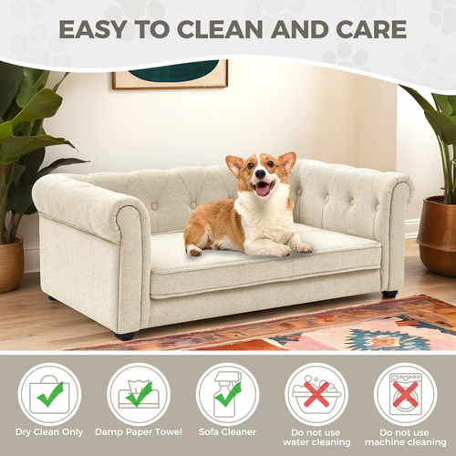 Sofá Cama Elevado Para Perros Grandes Tela Lavable En Seco Beige Talle